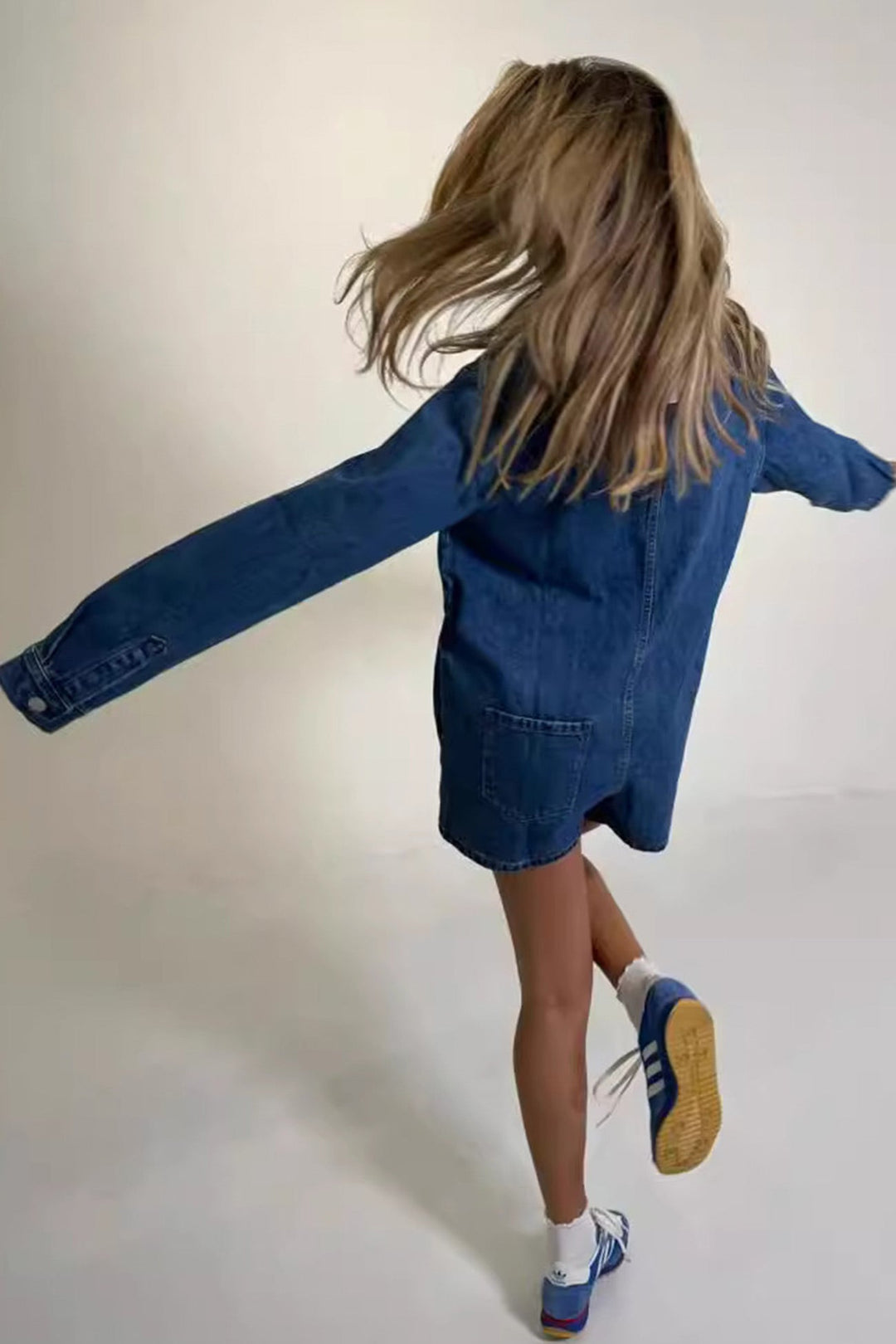 Lapel Long Sleeve Denim Rompers Dark Blue · S