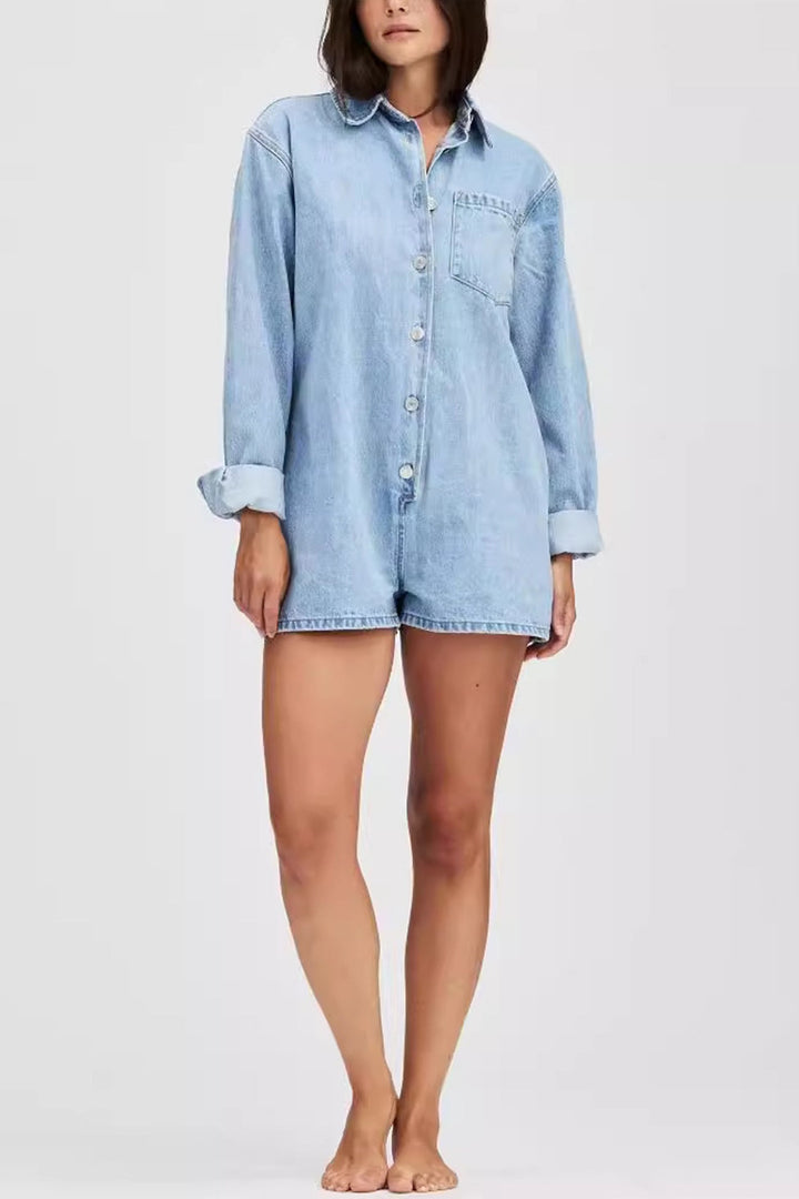 Lapel Long Sleeve Denim Rompers Dark Blue · M
