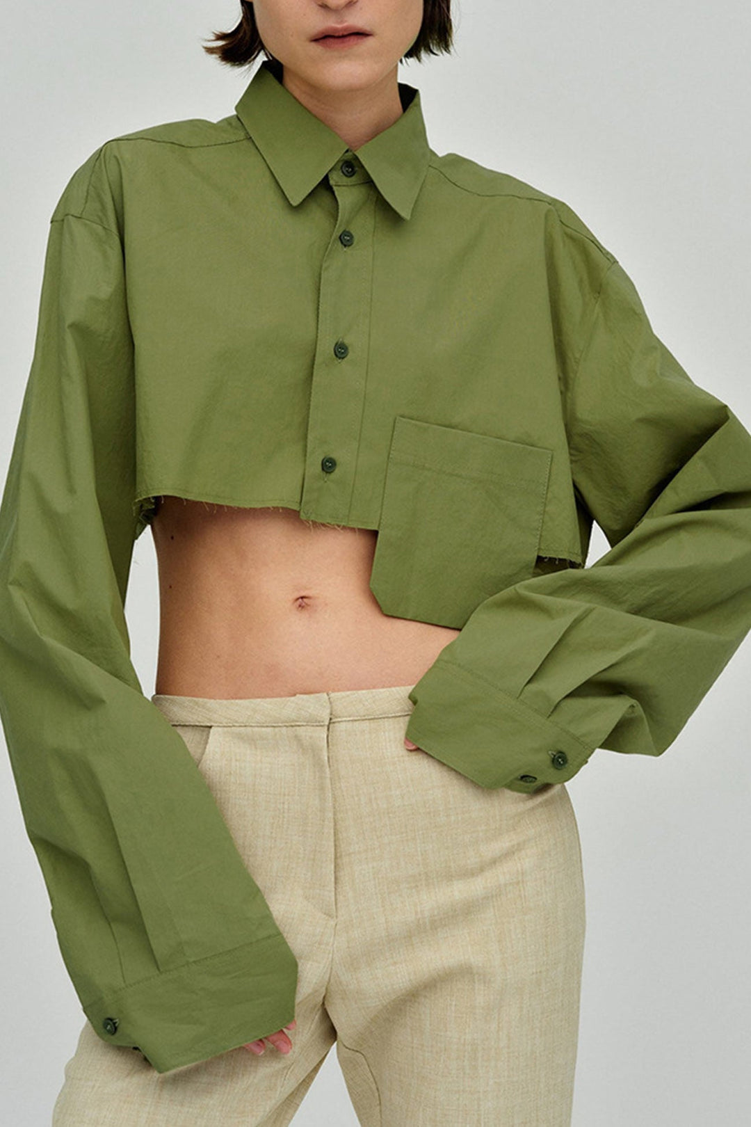 Lapel Patch Pocket Cropped Shirt Green · S