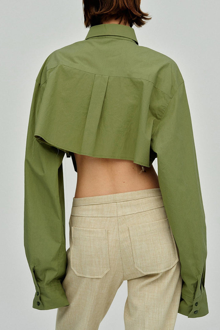 Lapel Patch Pocket Cropped Shirt Green · M