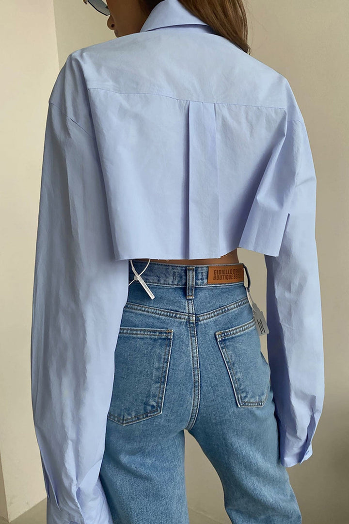 Lapel Patch Pocket Cropped Shirt Blue · M