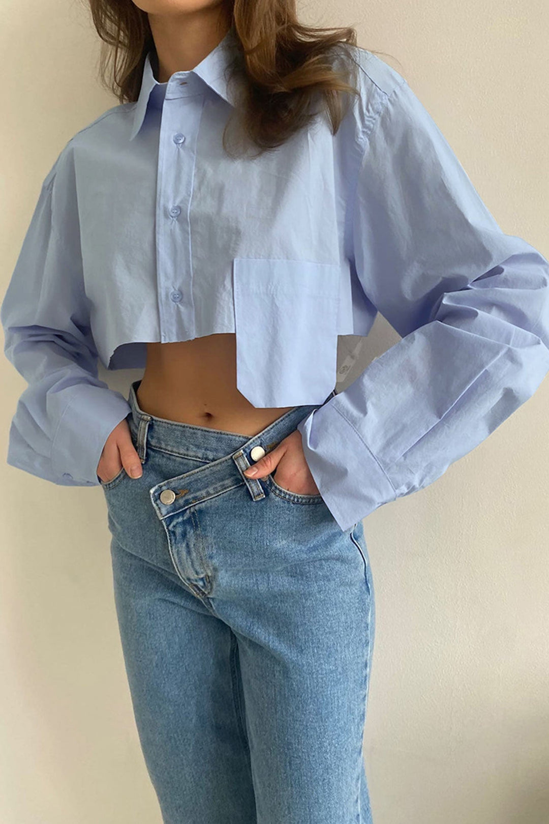 Lapel Patch Pocket Cropped Shirt Blue · S