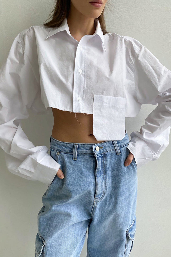 Lapel Patch Pocket Cropped Shirt Green · L