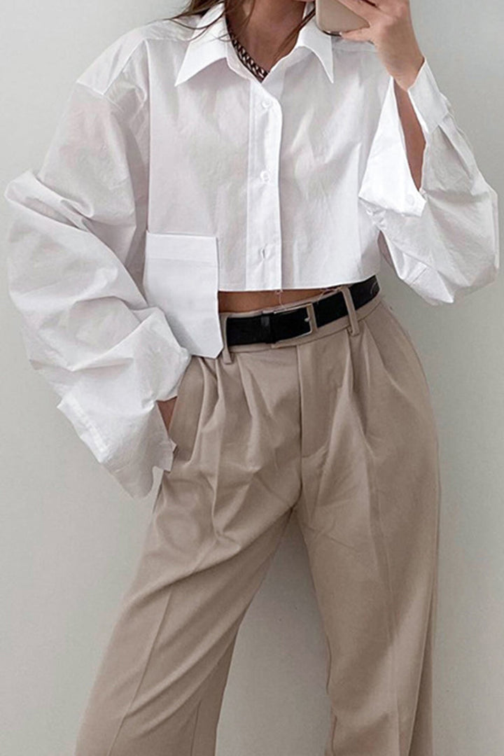 Lapel Patch Pocket Cropped Shirt White · S