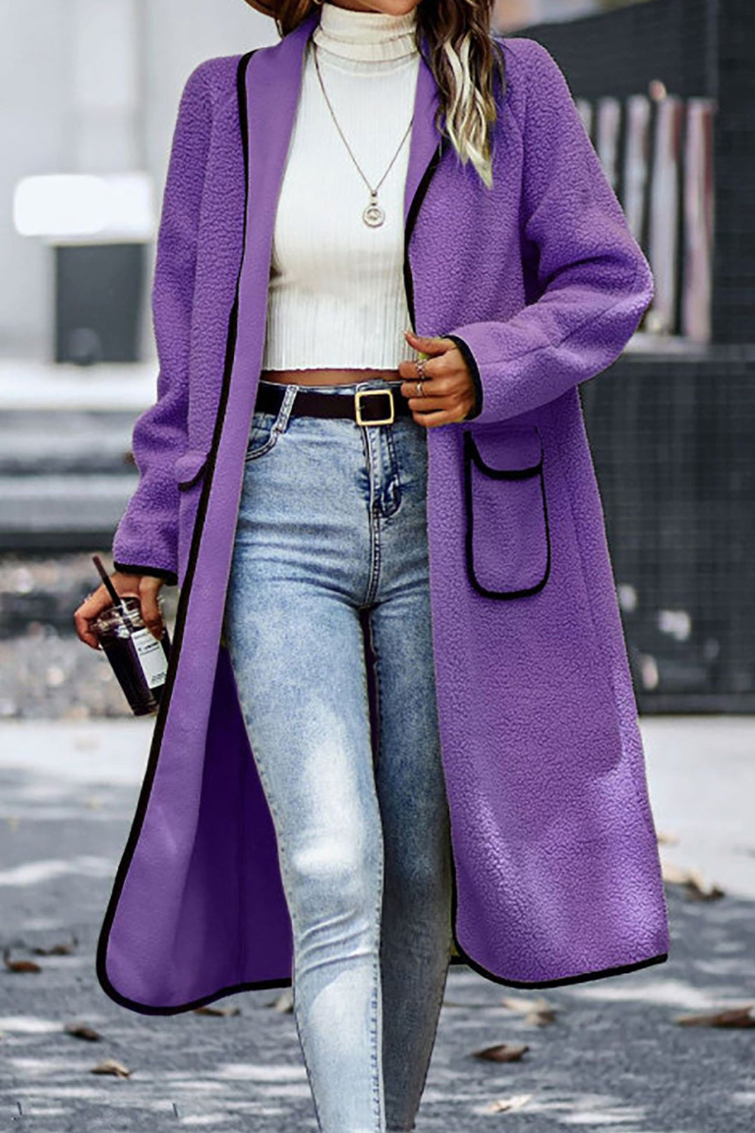 Lapel Pocketed Plush Cardigan White · M