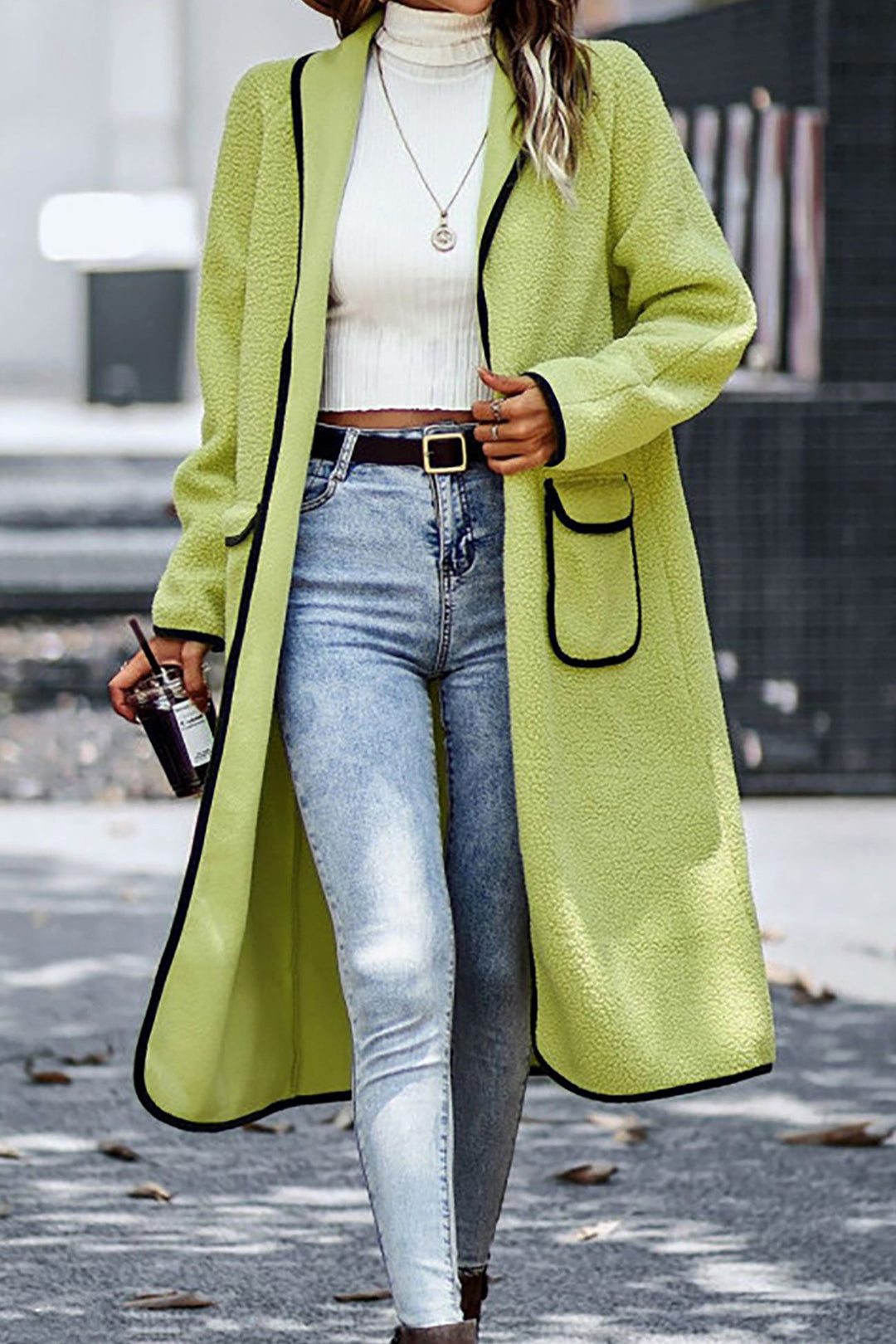 Lapel Pocketed Plush Cardigan White · 3XL