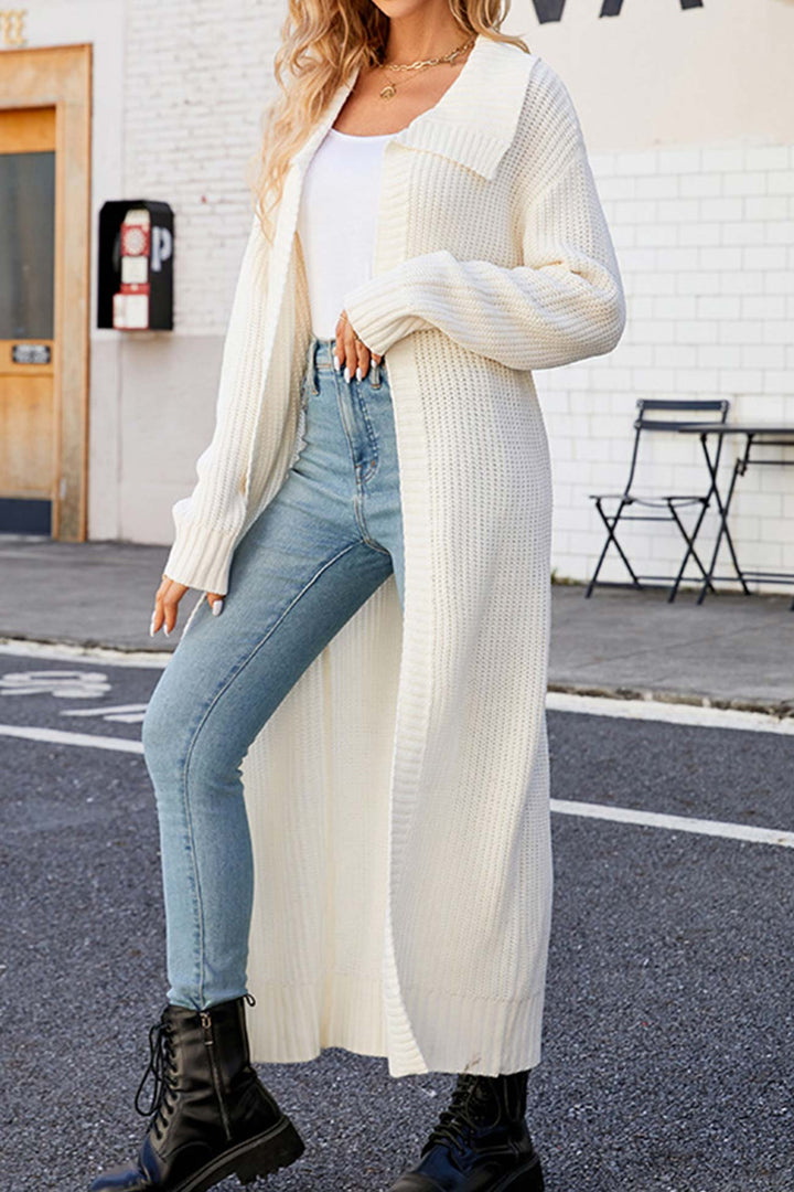 Lapel Ribbed Knit Open Front Cardigan White · S