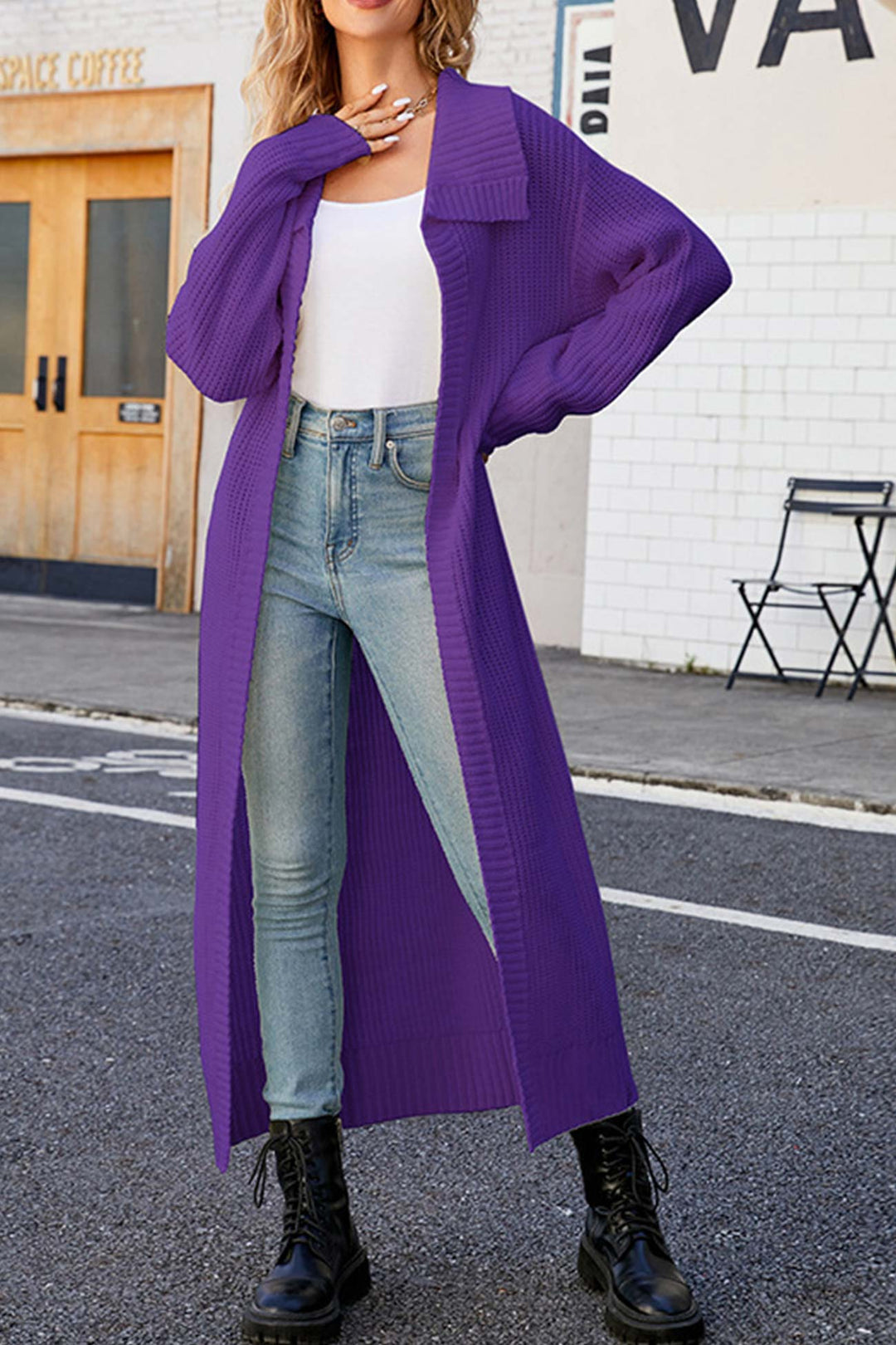 Lapel Ribbed Knit Open Front Cardigan White · M