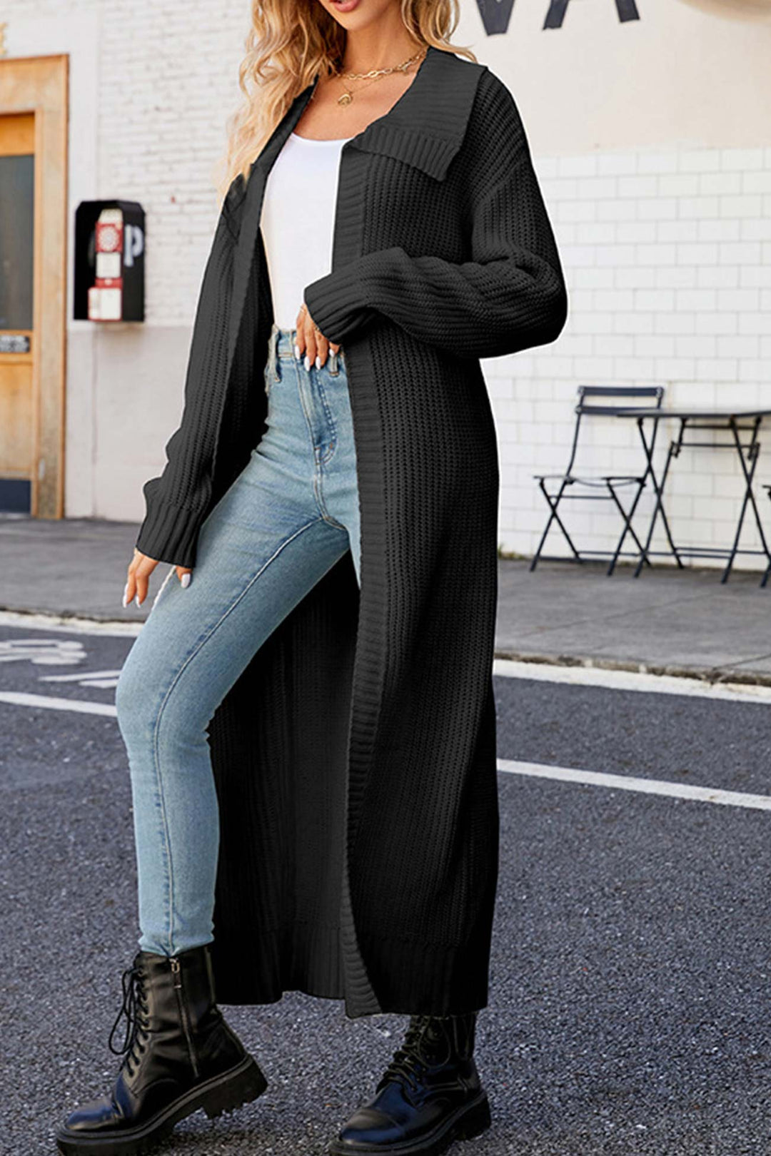 Lapel Ribbed Knit Open Front Cardigan White · L