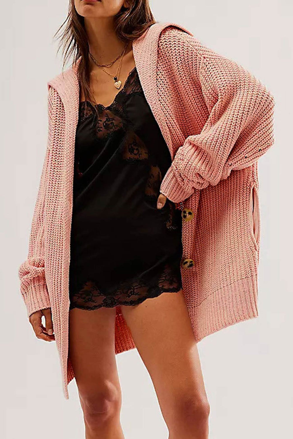 Lapel Single Buckle Mid-length Cardigan Grey · M