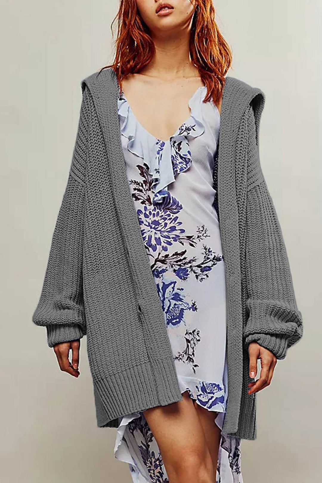 Lapel Single Buckle Mid-length Cardigan Grey · S