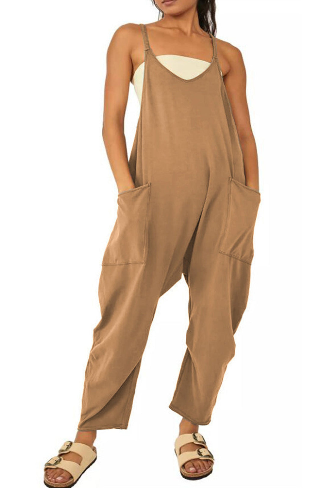 Large Pocket Cami Jumpsuits Light Blue · 4XL