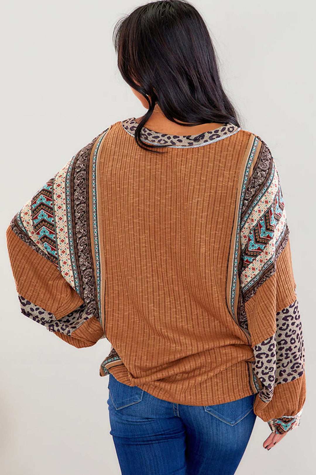 Leopard Contrast Striped Pullover Sweater Wine Red · L