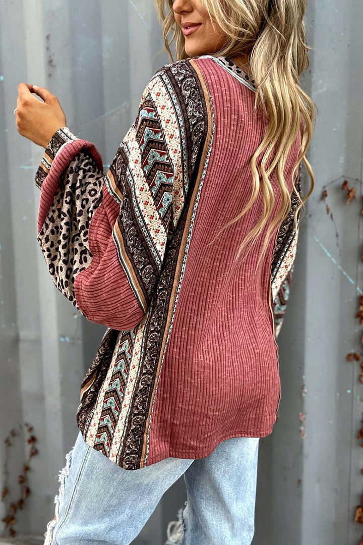 Leopard Contrast Striped Pullover Sweater Wine Red · S