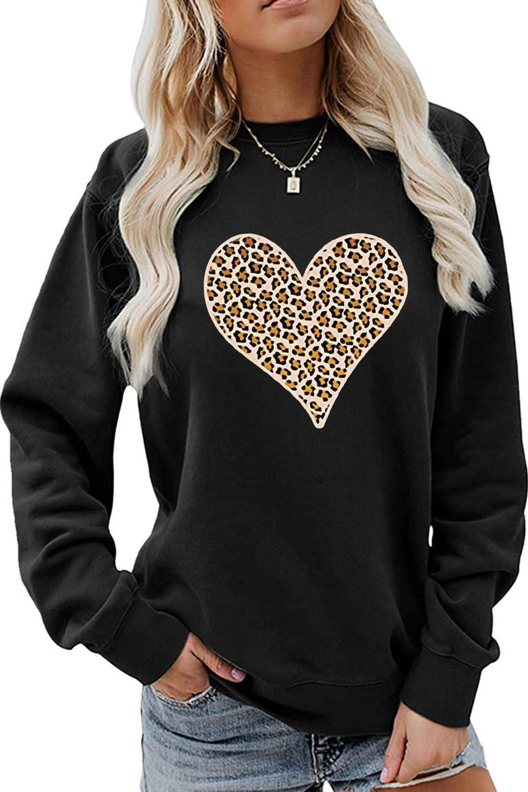 Leopard Print Hearts Sweatshirt Light Green · L