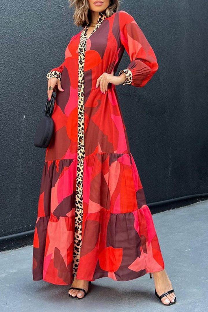 Leopard Patchwork Button-down Maxi Dress Red · XL