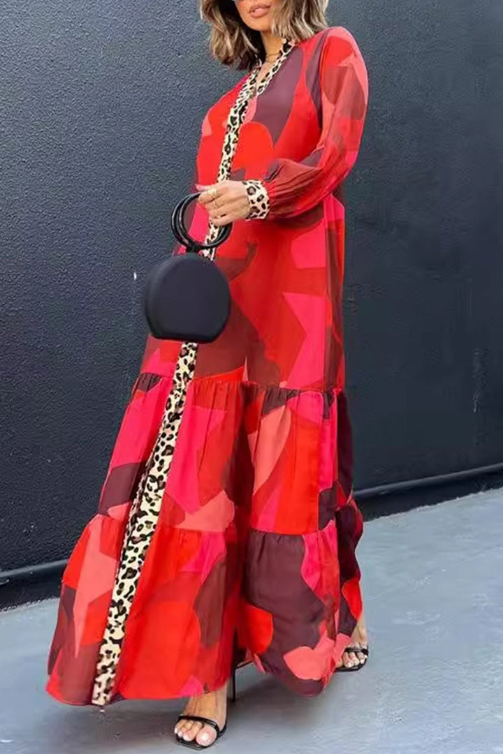 Leopard Patchwork Button-down Maxi Dress Red · S