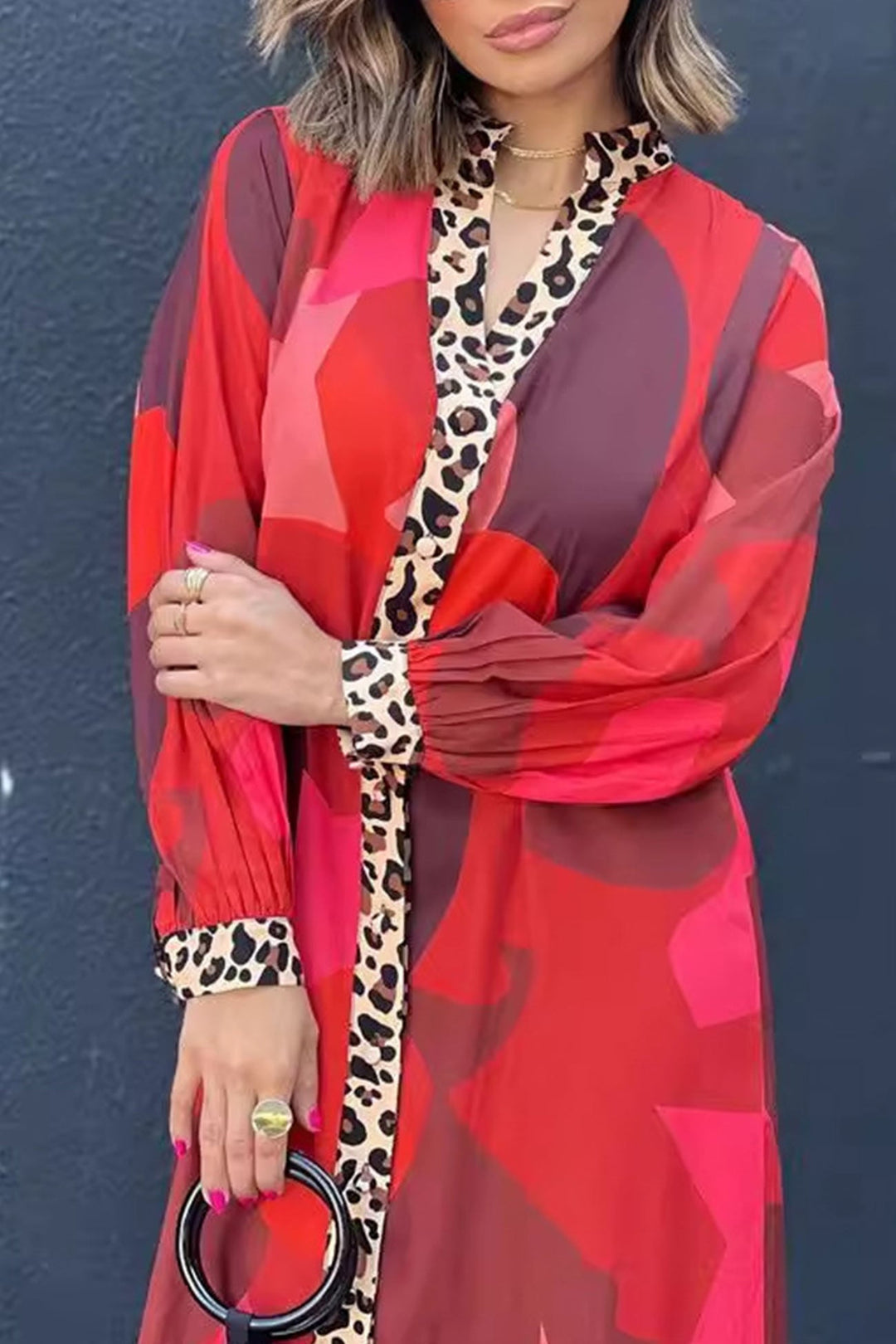 Leopard Patchwork Button-down Maxi Dress Red · L