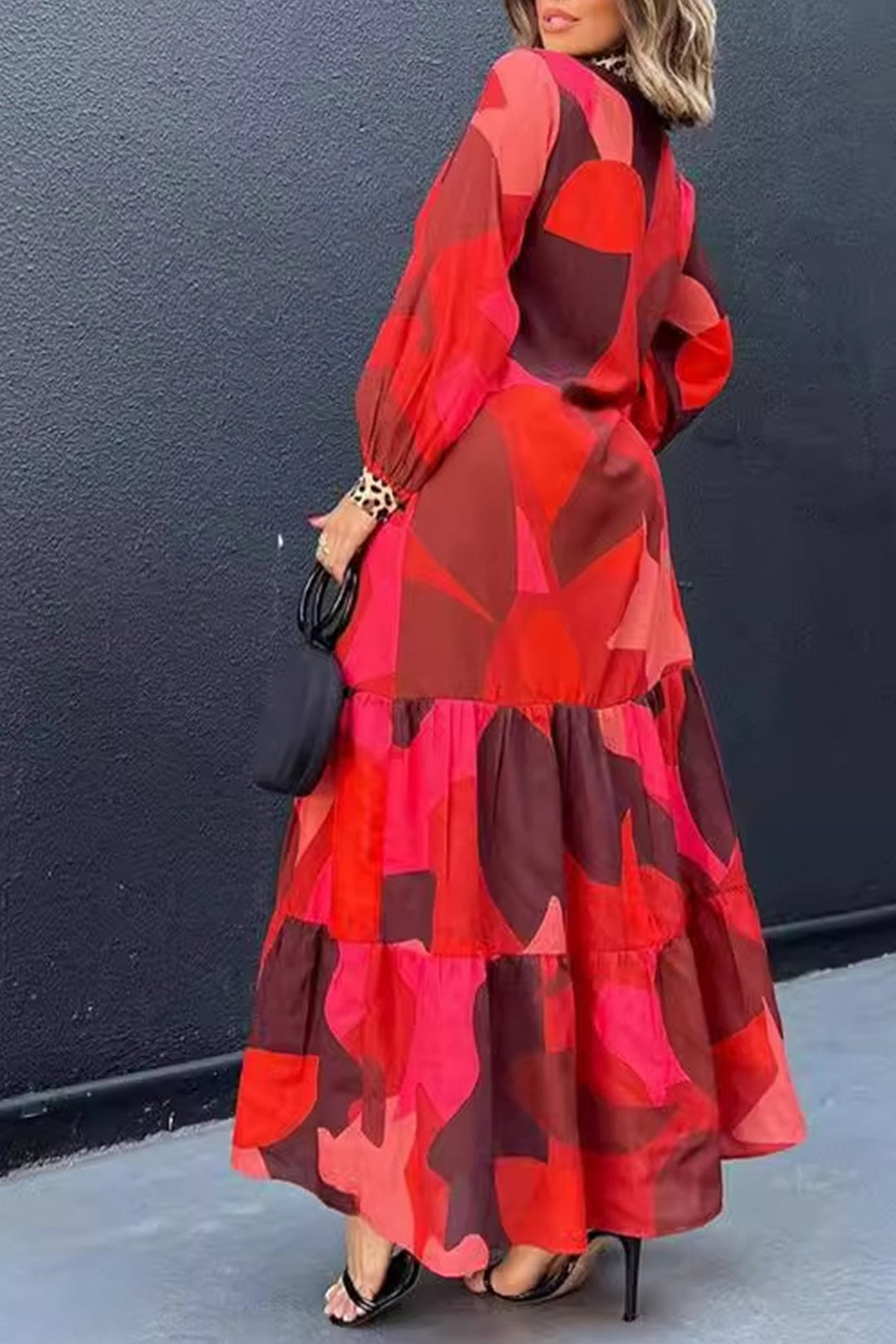 Leopard Patchwork Button-down Maxi Dress Red · M