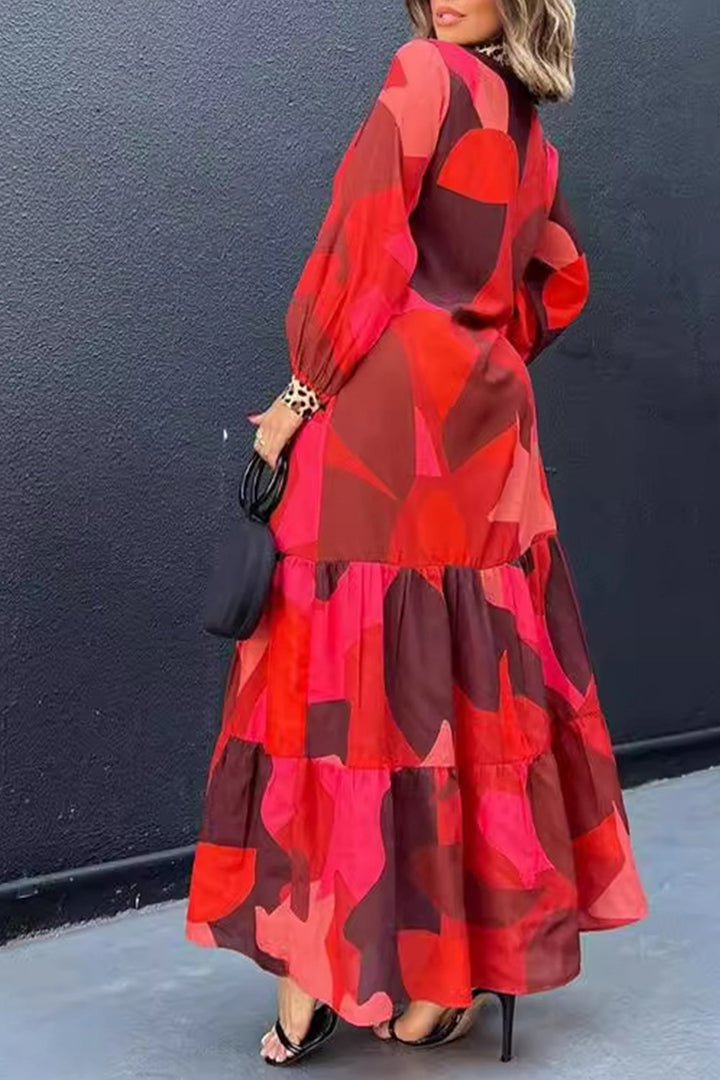 Leopard Patchwork Button-down Maxi Dress Red · M