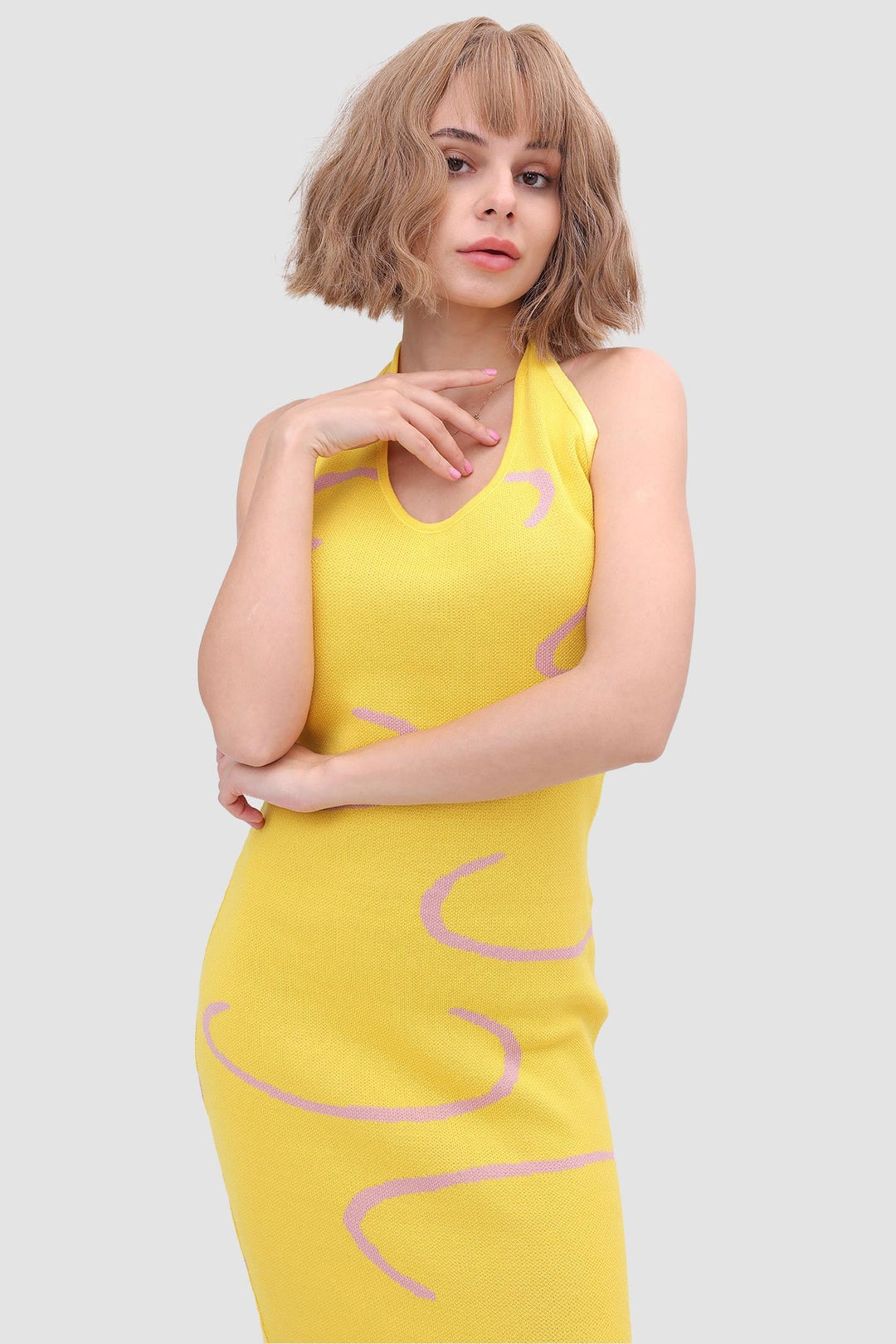 Line Knit Backless Halter Dress Yellow · L