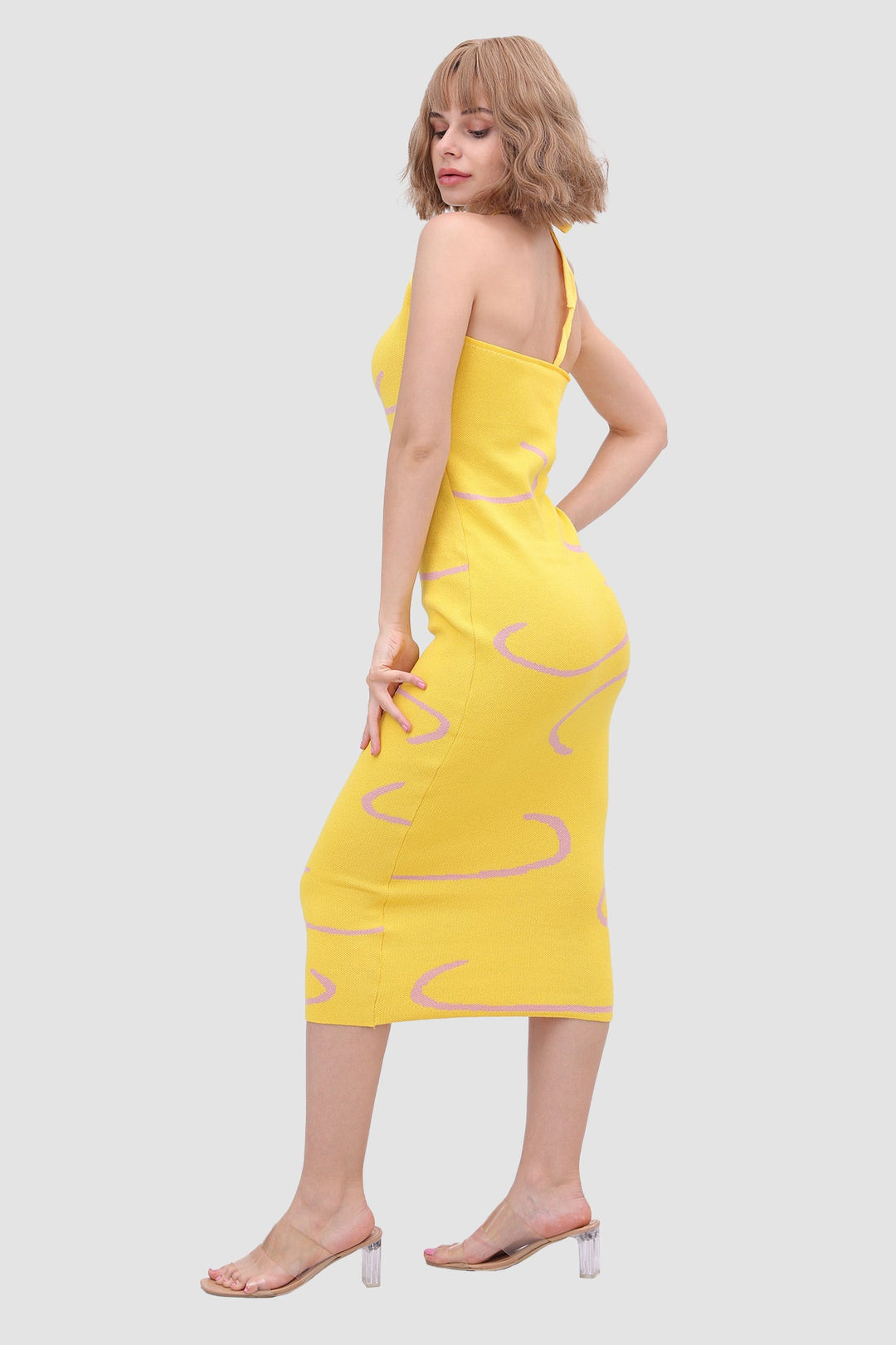 Line Knit Backless Halter Dress Yellow · XL