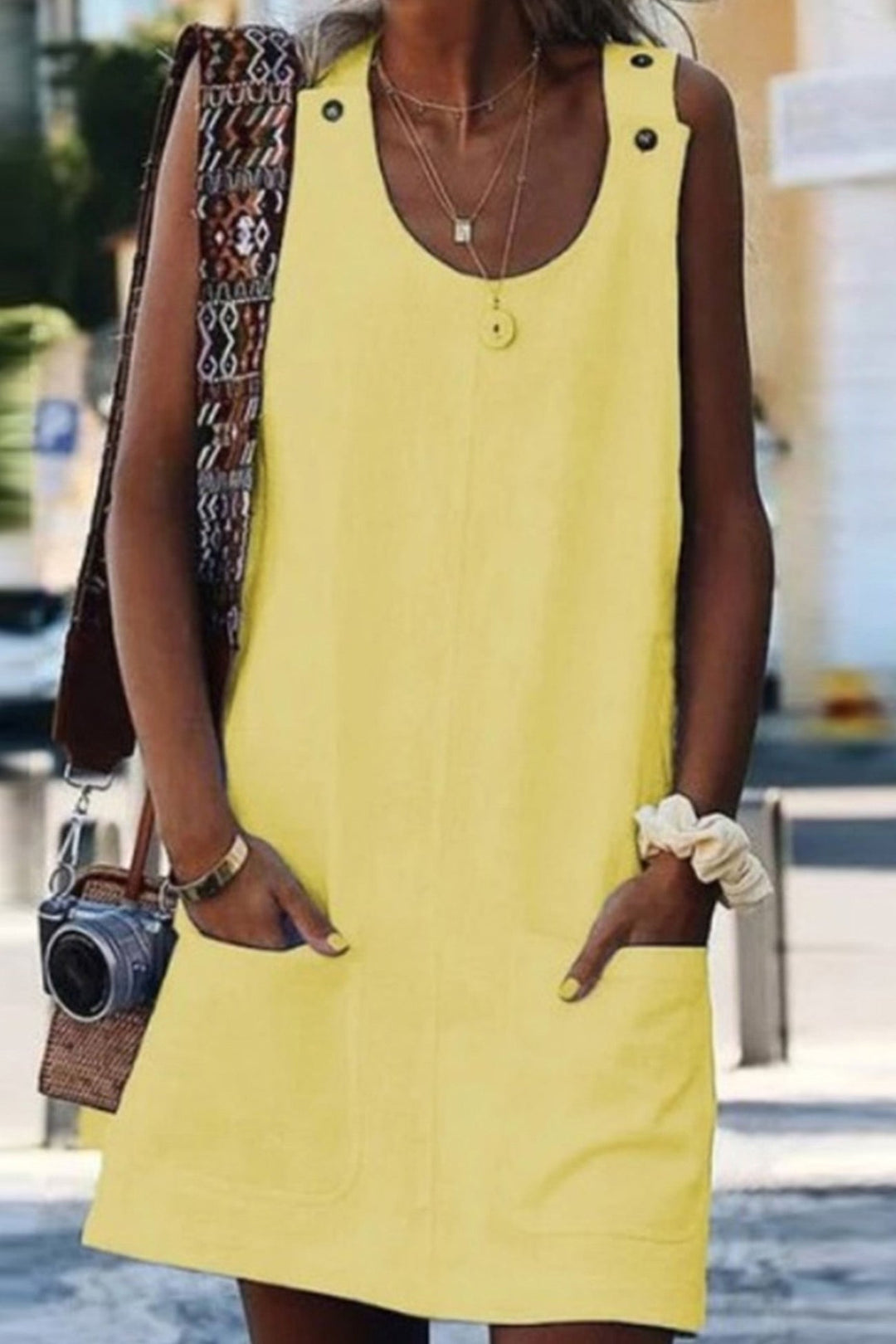 Linen Button-down Baggy Sundress White · M