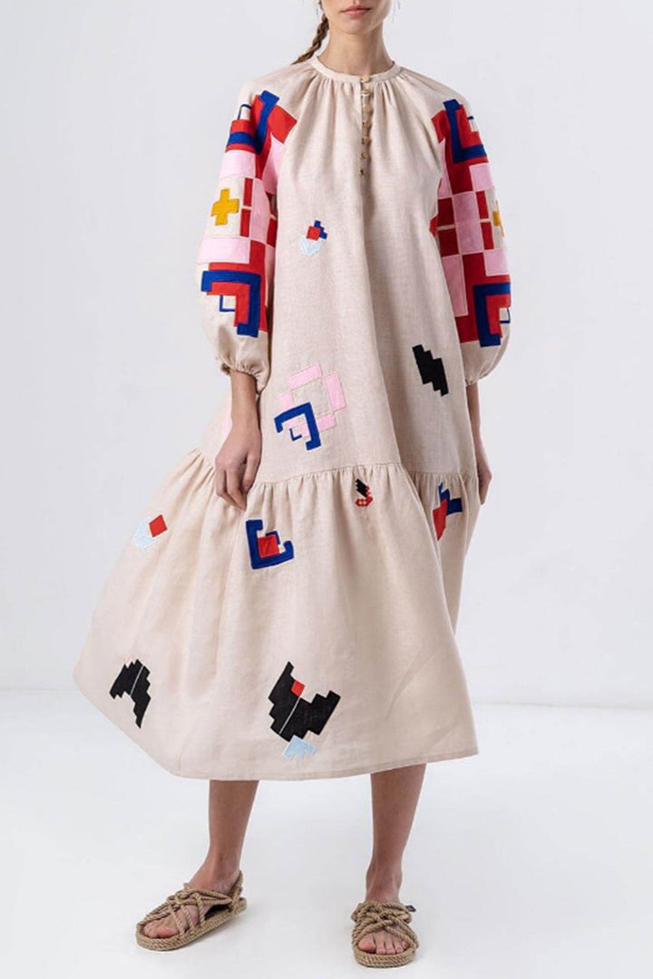 Linen Printed Lantern Sleeve Dress Beige · S