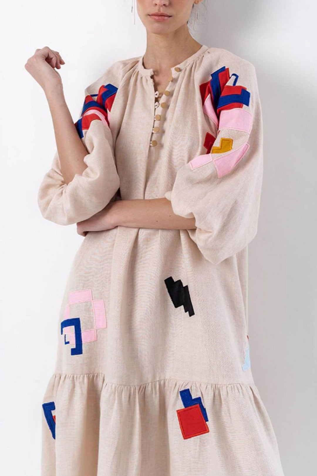 Linen Printed Lantern Sleeve Dress Beige · M
