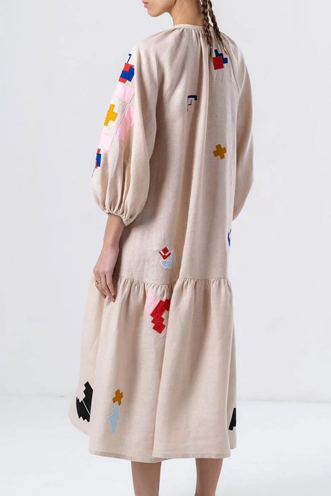 Linen Printed Lantern Sleeve Dress Beige · XL