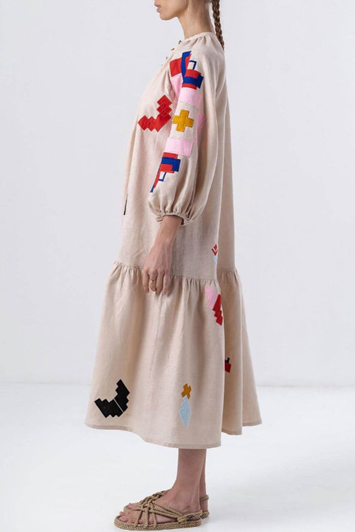 Linen Printed Lantern Sleeve Dress Beige · L