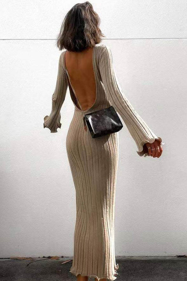 Long Flares Sleeve Backless Ribbed Knit Dress Khaki · S