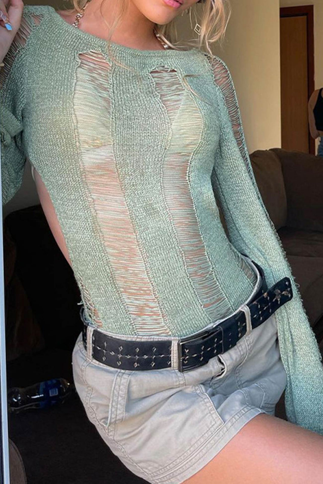Long Sleeve Backless Hollow Out Cover-up Tops Green · S