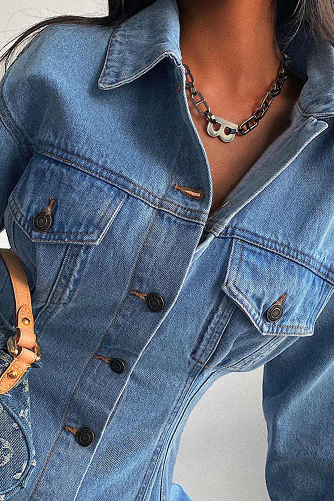 Long Sleeve Button-down Waisted Denim Dress Blue · S