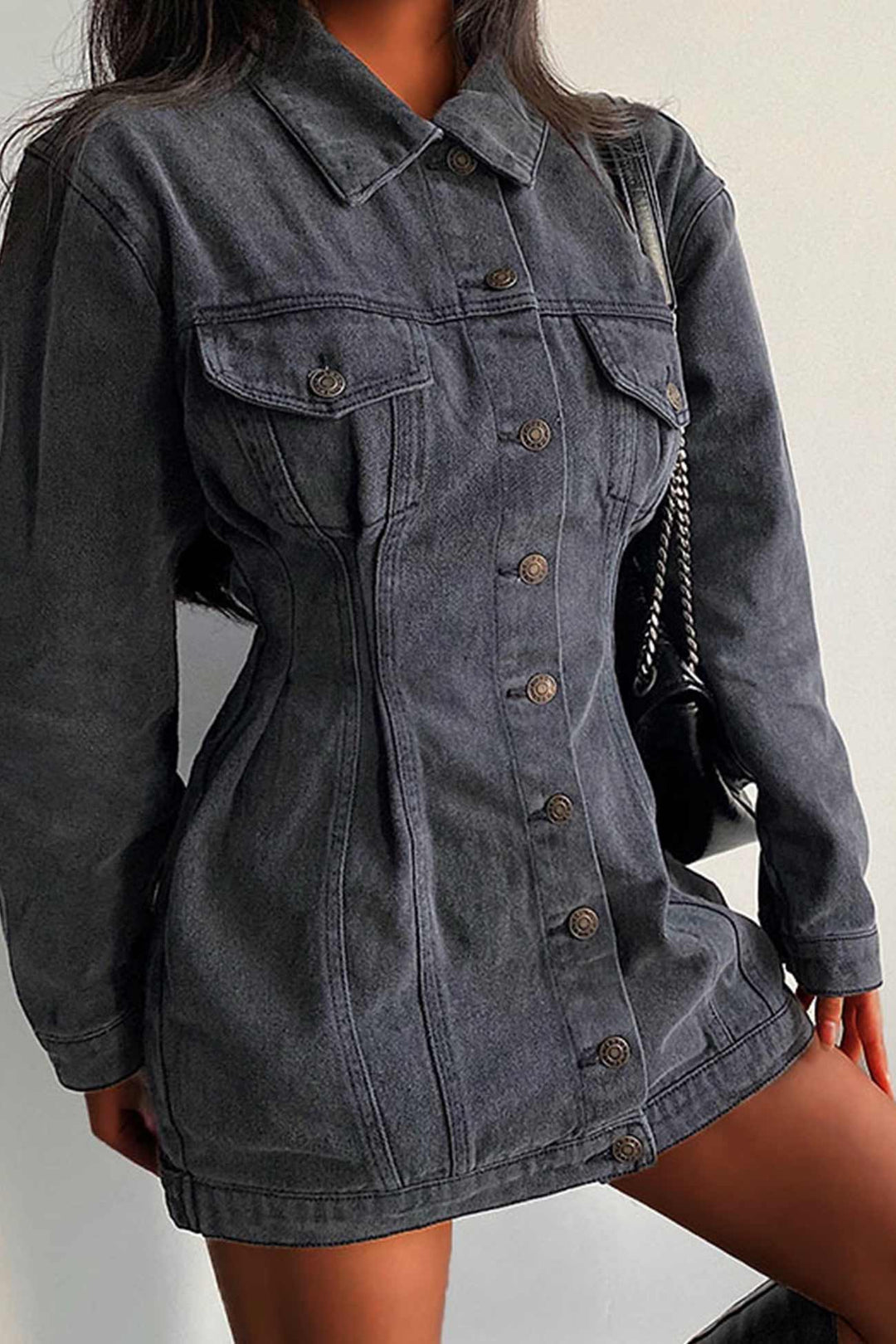 Long Sleeve Button-down Waisted Denim Dress Black · S