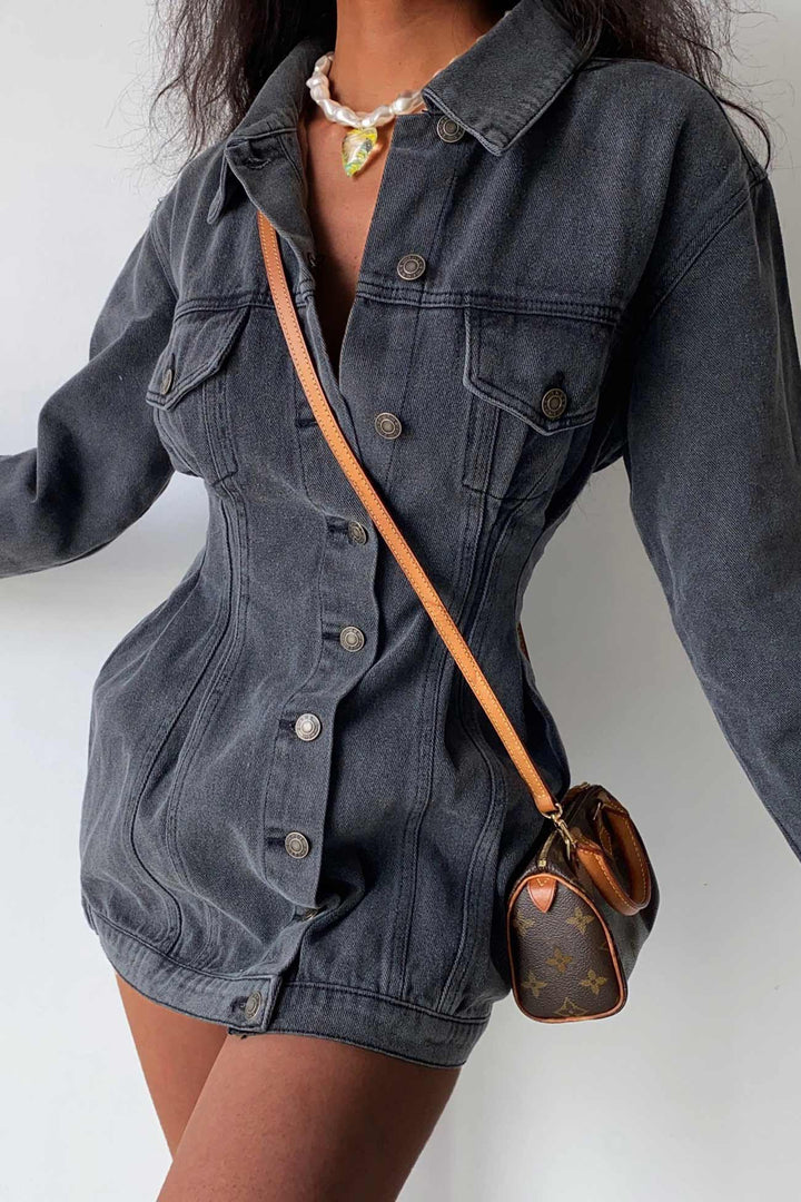 Long Sleeve Button-down Waisted Denim Dress Blue · XL