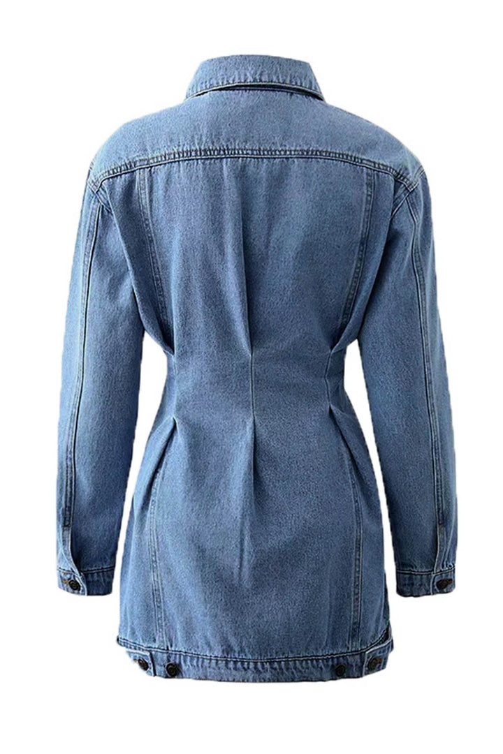Long Sleeve Button-down Waisted Denim Dress Blue · L