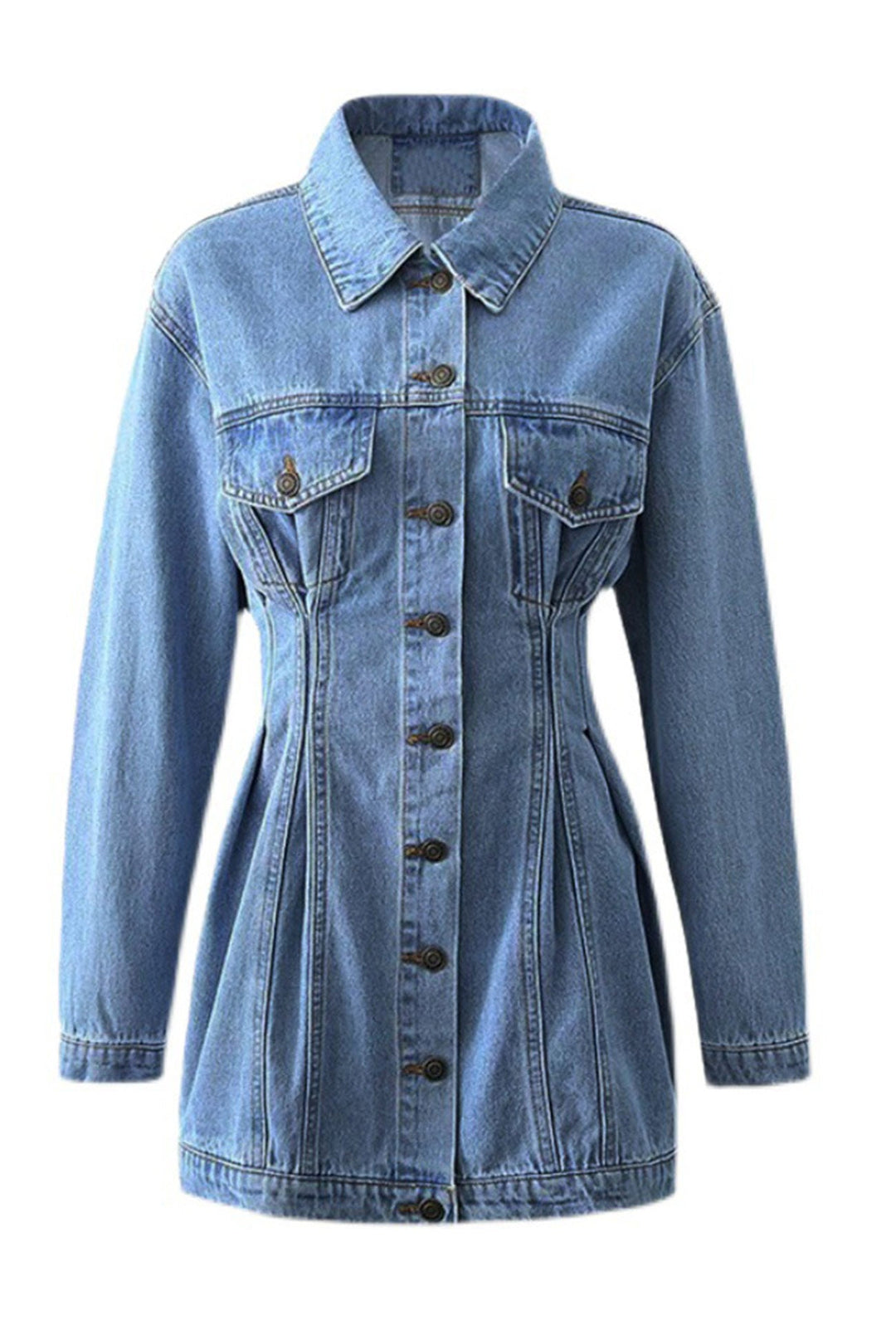 Long Sleeve Button-down Waisted Denim Dress Blue · M