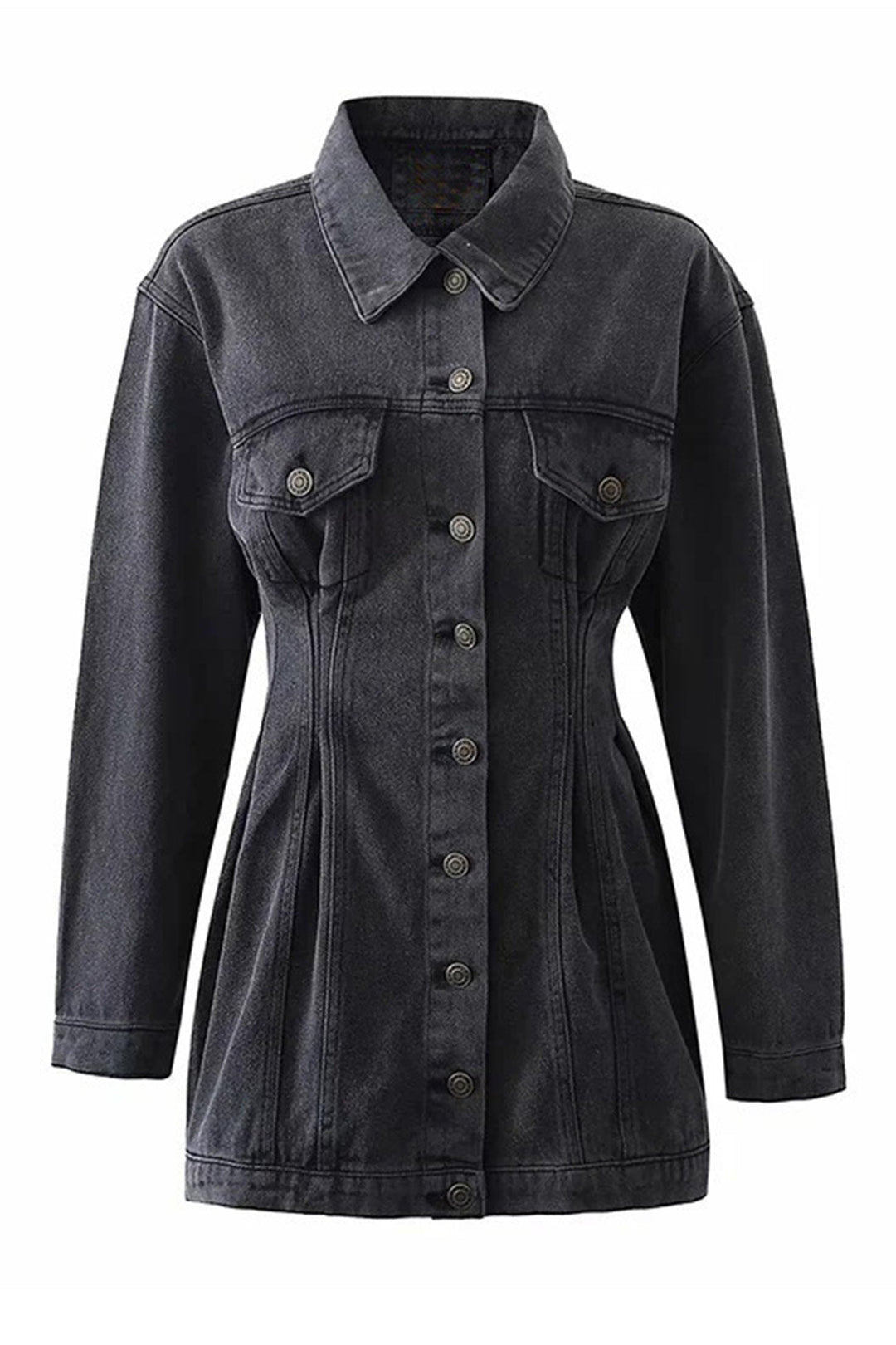 Long Sleeve Button-down Waisted Denim Dress Black · M
