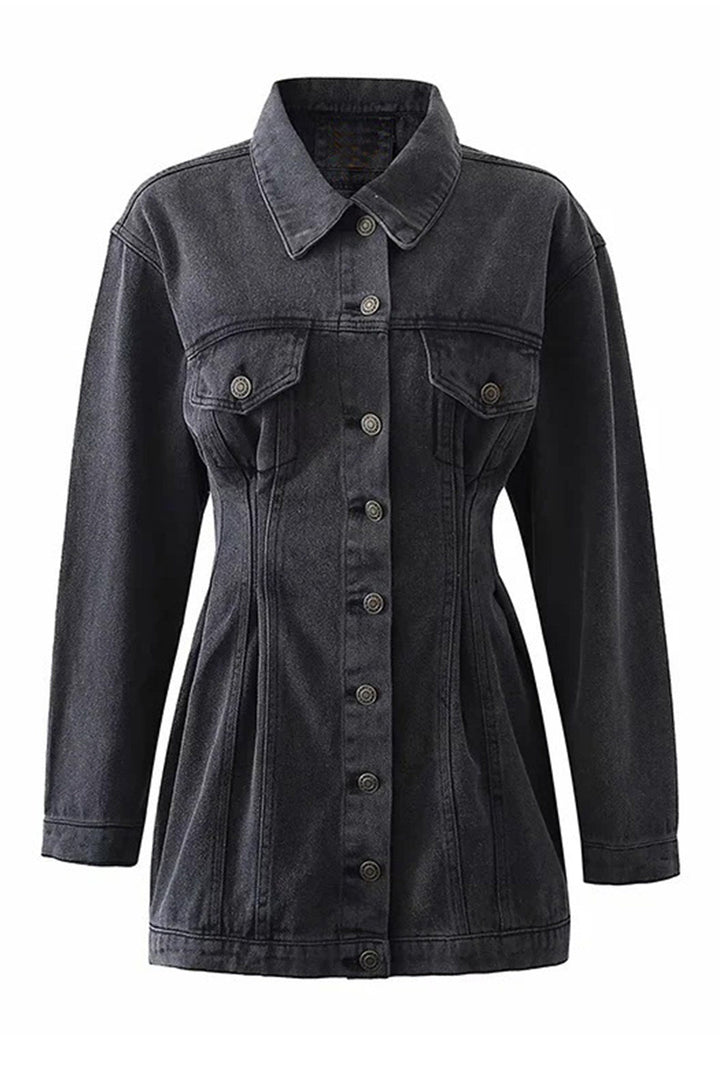 Long Sleeve Button-down Waisted Denim Dress Black · M
