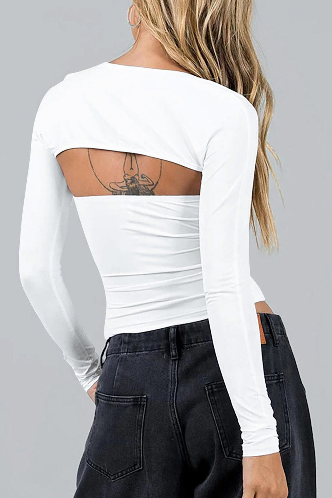 Long Sleeve Cardigan Strapless Separate Two-piece Tops White · S