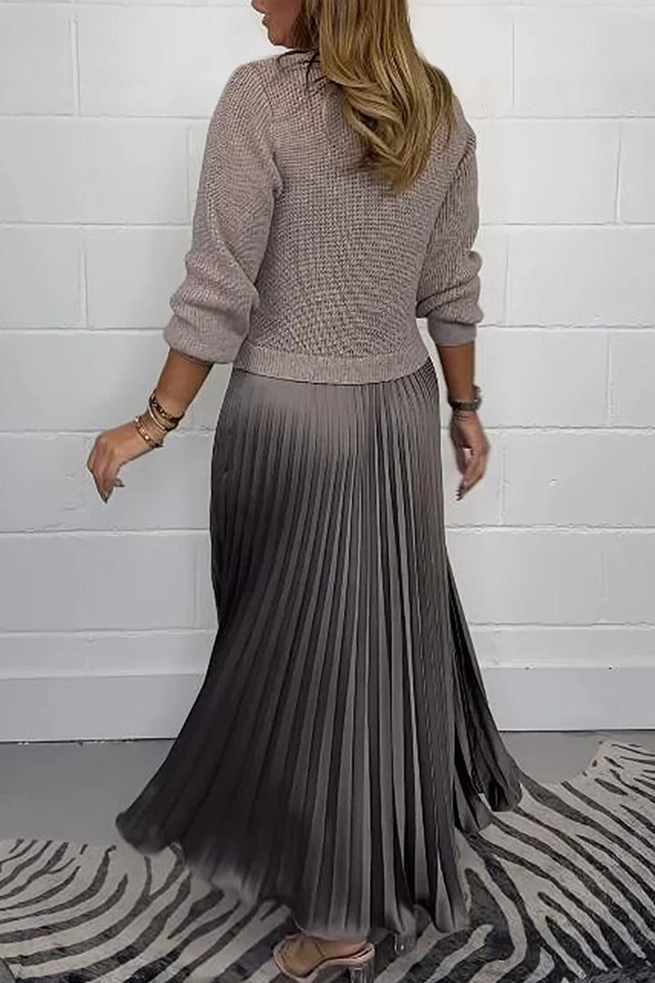 Long Sleeve Knit Patchwork Pleated Maxi Dress Khaki · M