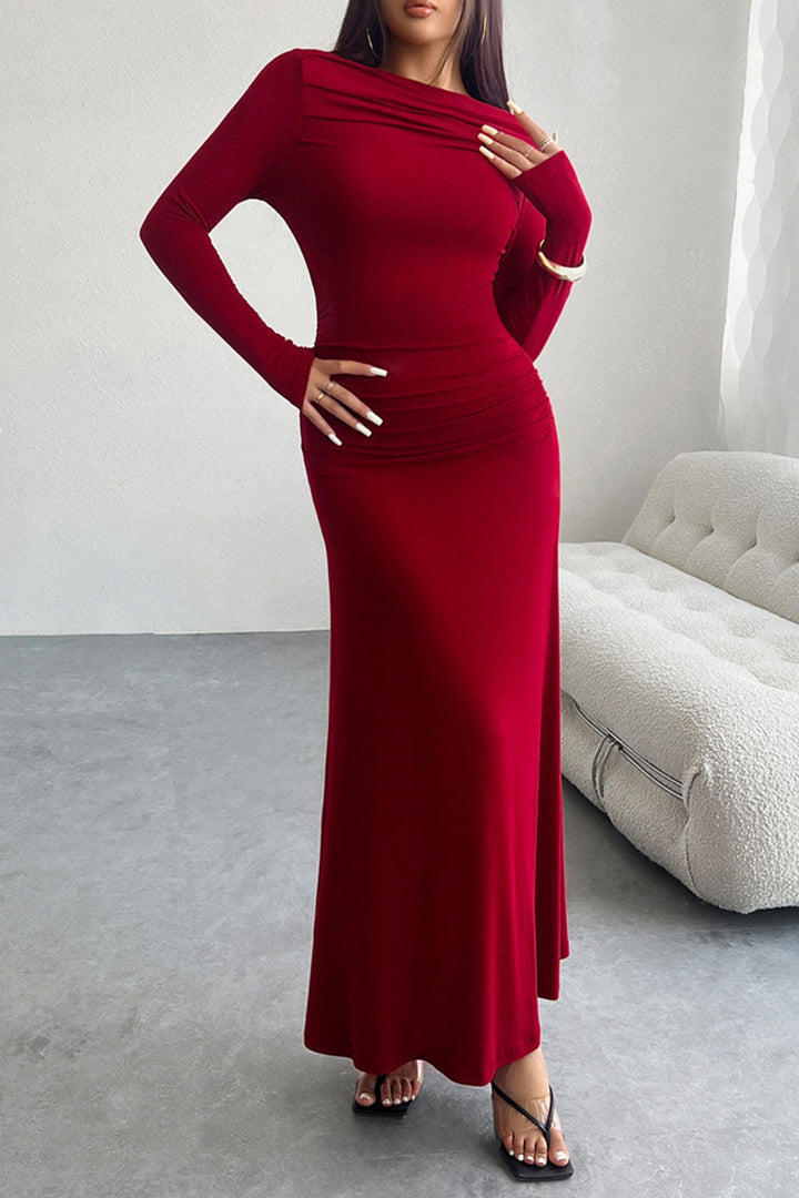 Long Sleeve Pack Hip Maxi Dress Wine Red · XL