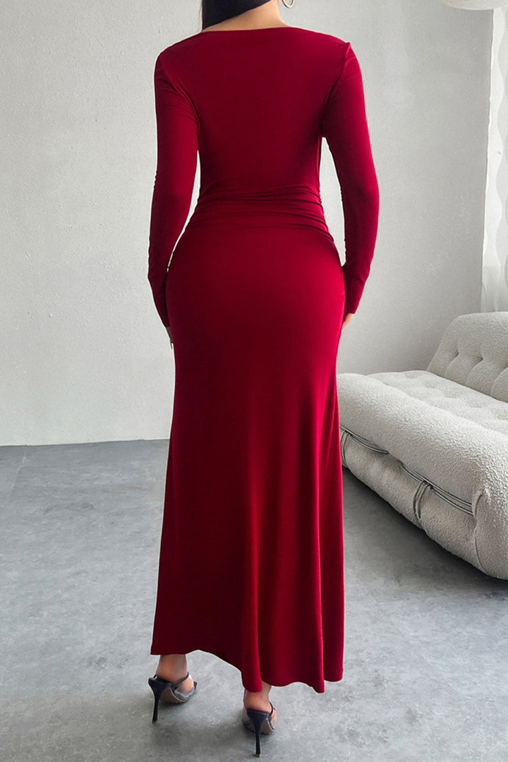 Long Sleeve Pack Hip Maxi Dress Wine Red · S