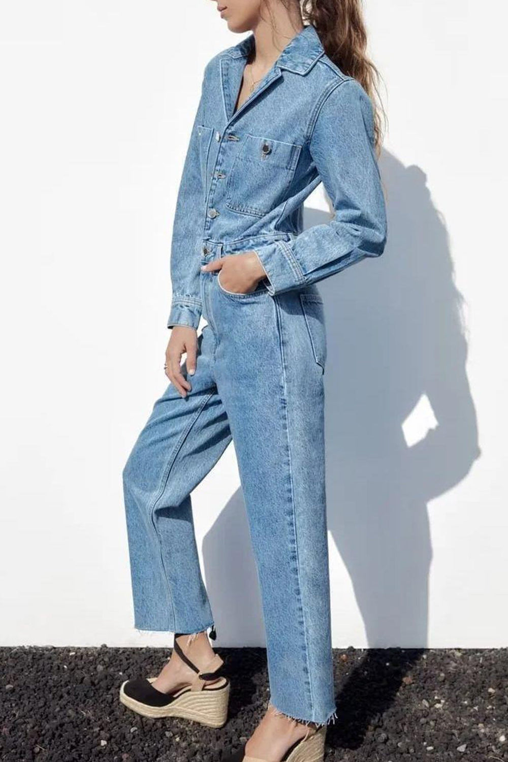 Long Sleeve Pocketed High Waist Denim Jumpsuits Blue · S