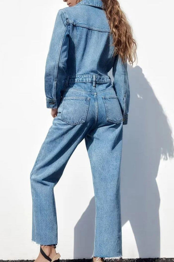 Long Sleeve Pocketed High Waist Denim Jumpsuits Blue · M