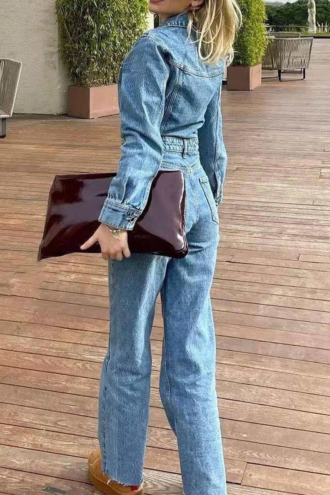 Long Sleeve Pocketed High Waist Denim Jumpsuits Blue · XS