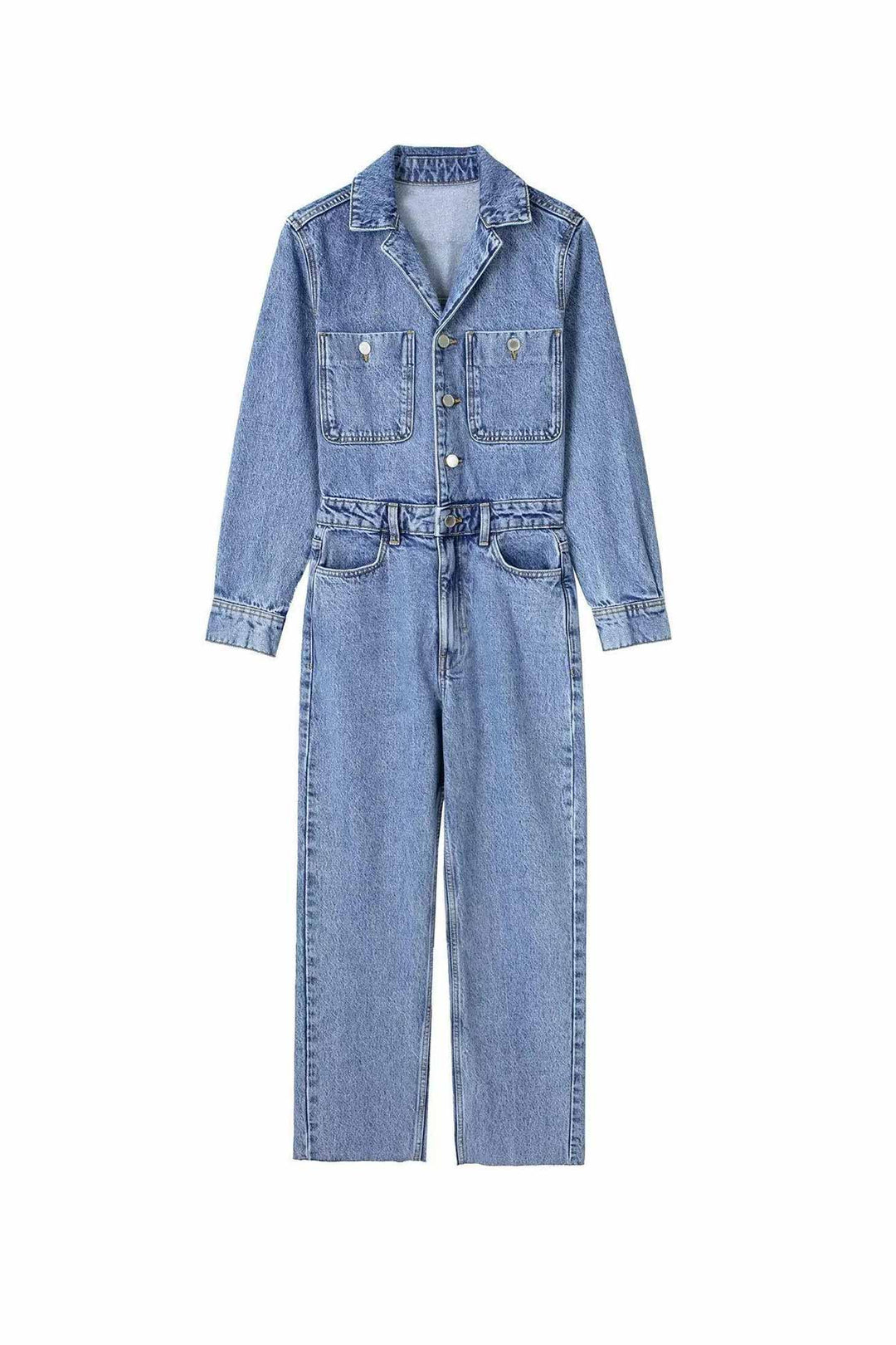Long Sleeve Pocketed High Waist Denim Jumpsuits Blue · L