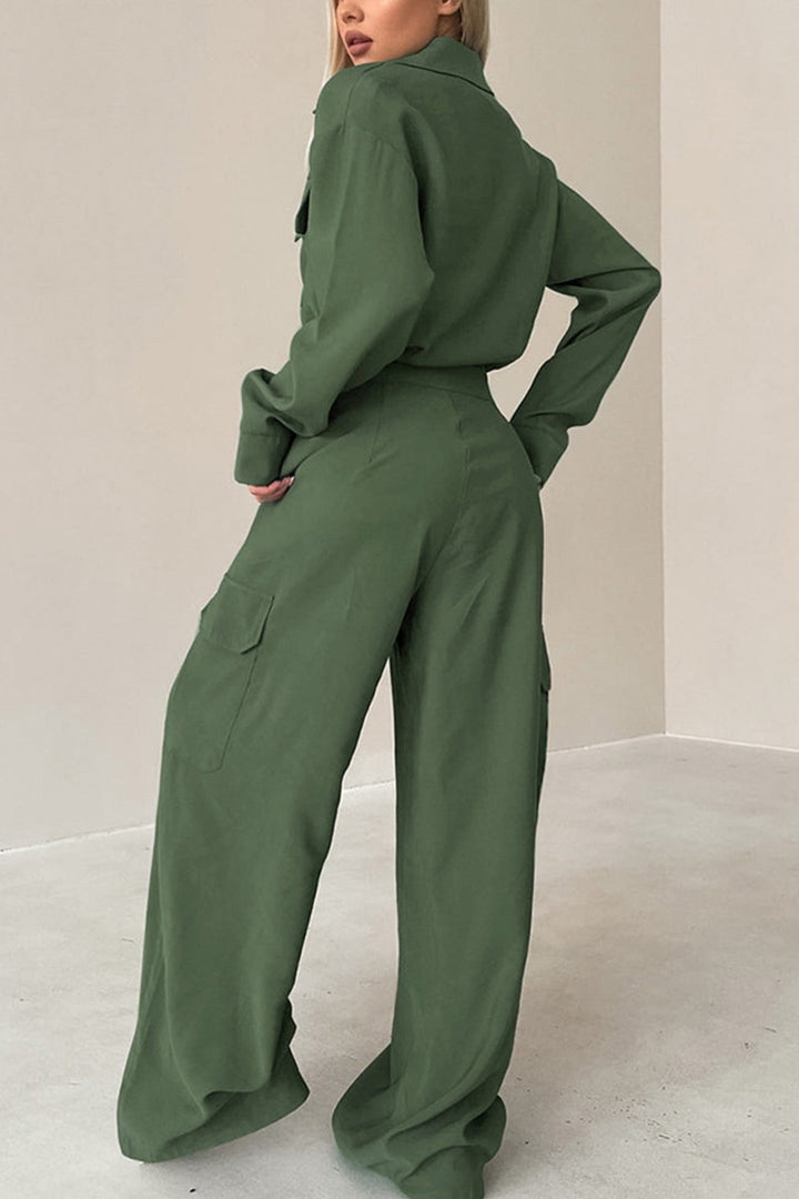 Long Sleeve Single-breasted Cargo Jumpsuits Green · L
