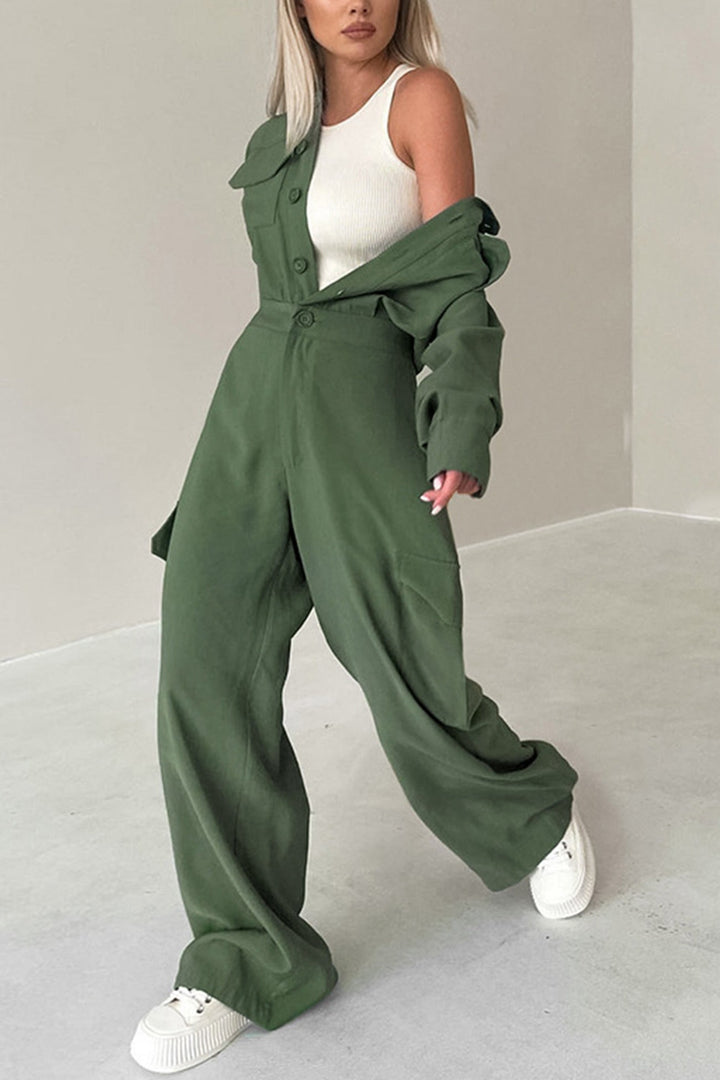 Long Sleeve Single-breasted Cargo Jumpsuits Green · S